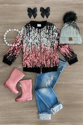 Black & Pink Sequin Bomber Jacket