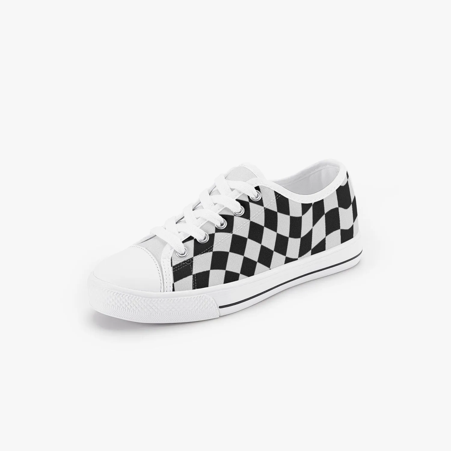 Black and White Wavy Checkerboard. Kid’s Low-Top Canvas Shoes