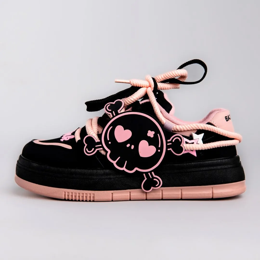 Deadly Pink Skull Black Chunky Sneakers - Women's