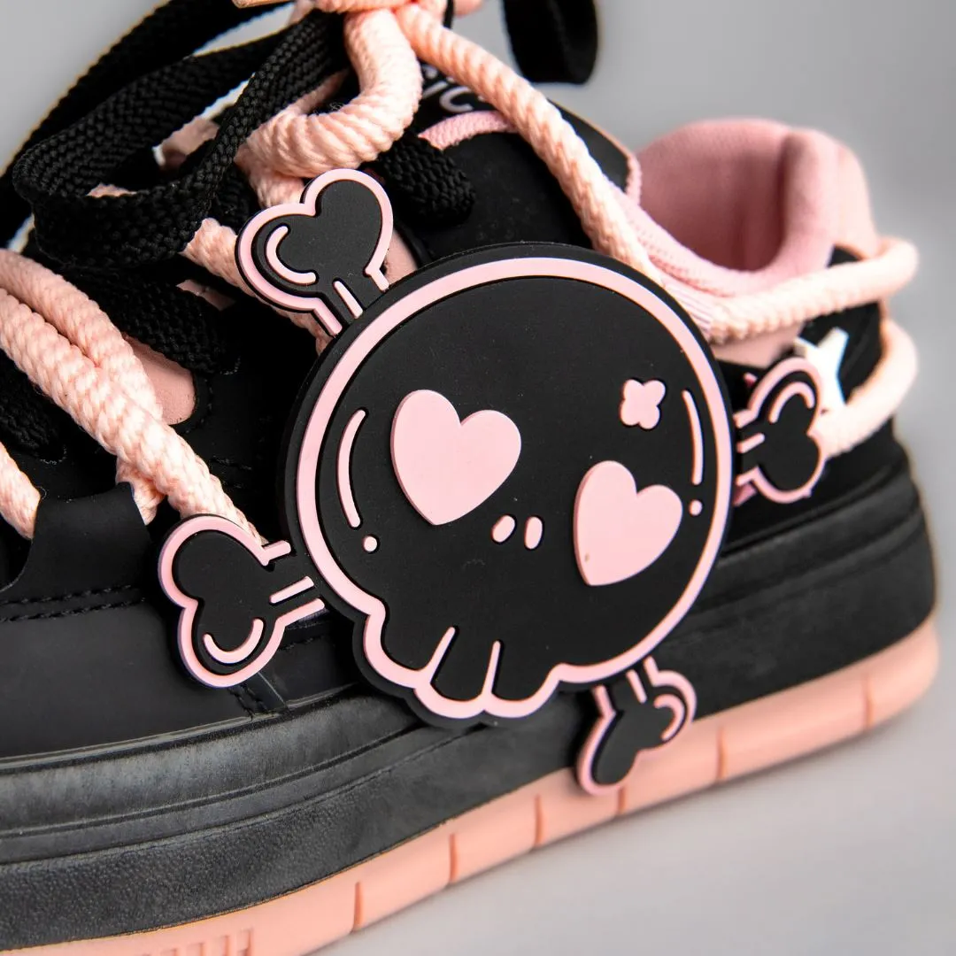 Deadly Pink Skull Black Chunky Sneakers - Women's