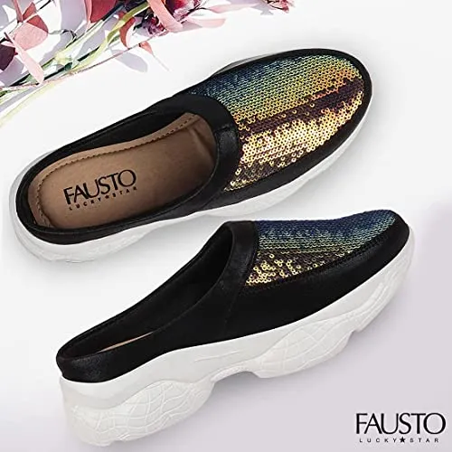 FAUSTO FST 1327 BLACK-39 Women's Black Back Open Embellished Slip On Mules (6 UK)