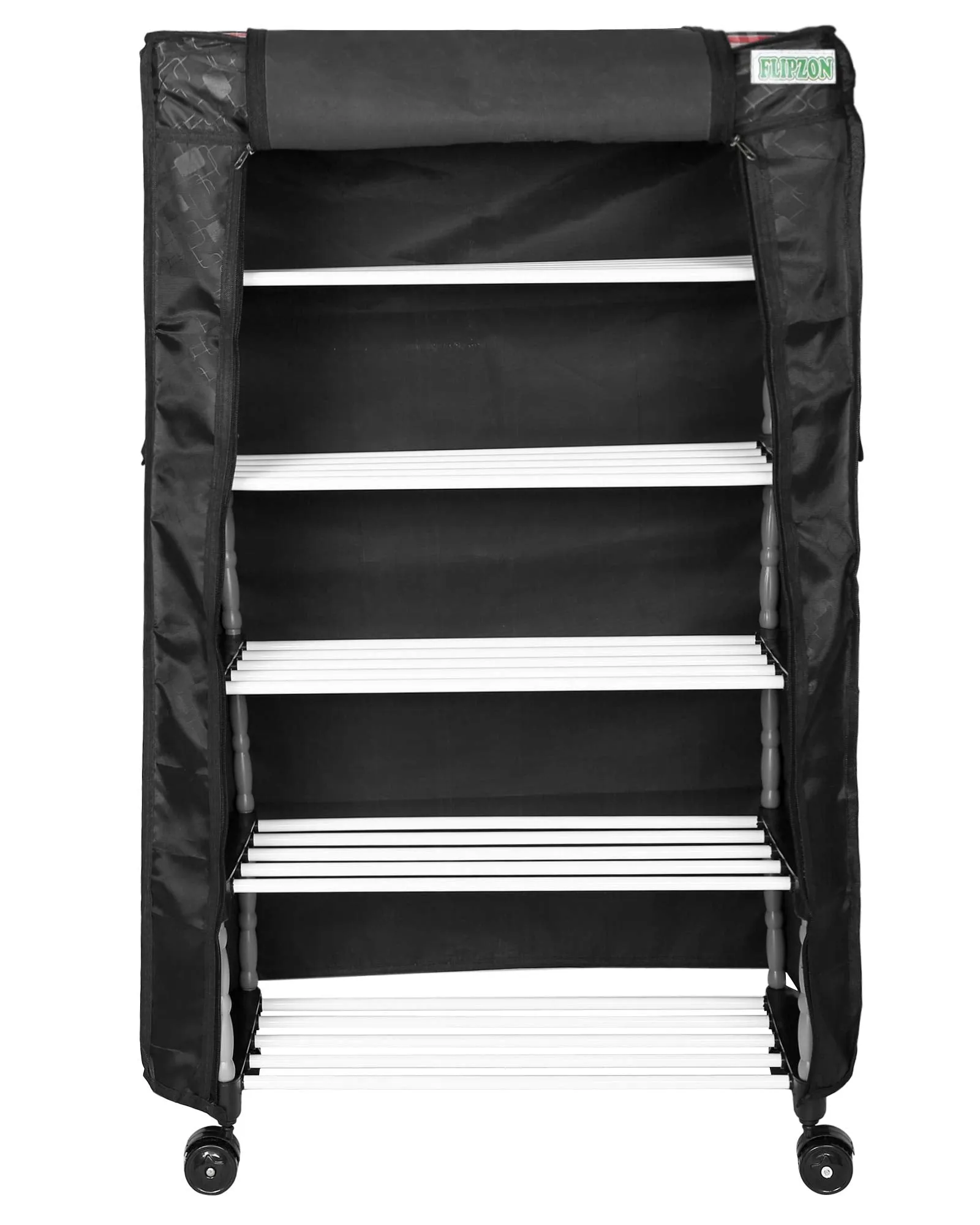 FLIPZON Multipurpose 5 Shelves/Layer Shoe Rack Organizer with Wheels and Dustproof Cover | Portable Smart Storage Rack Organizer with Zip Cover Easy to Move (Metal & Plastic, Multicolour)