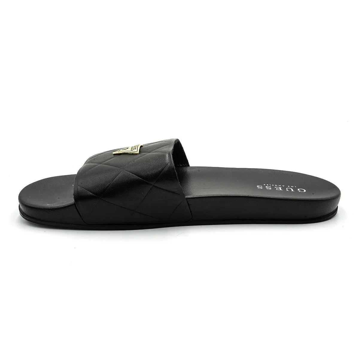 Guess Gold Triangle Logo Sliders Leather Black Colour For Women