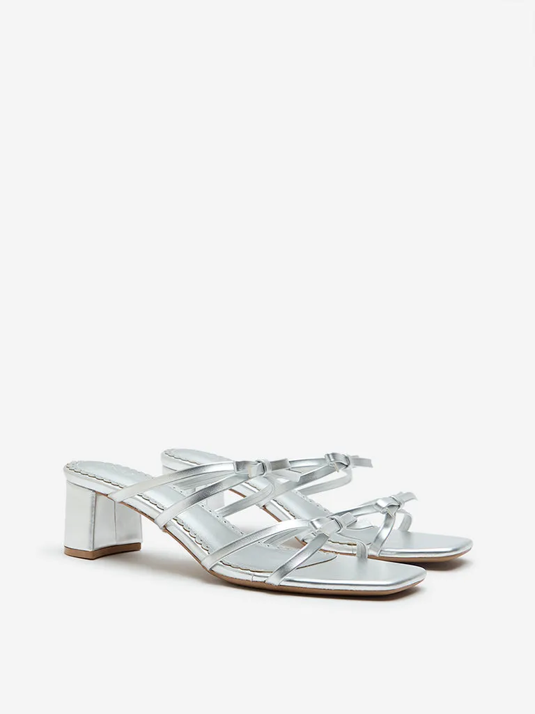 LUNA BLU Silver Bow Pattern Block Heel Sandals