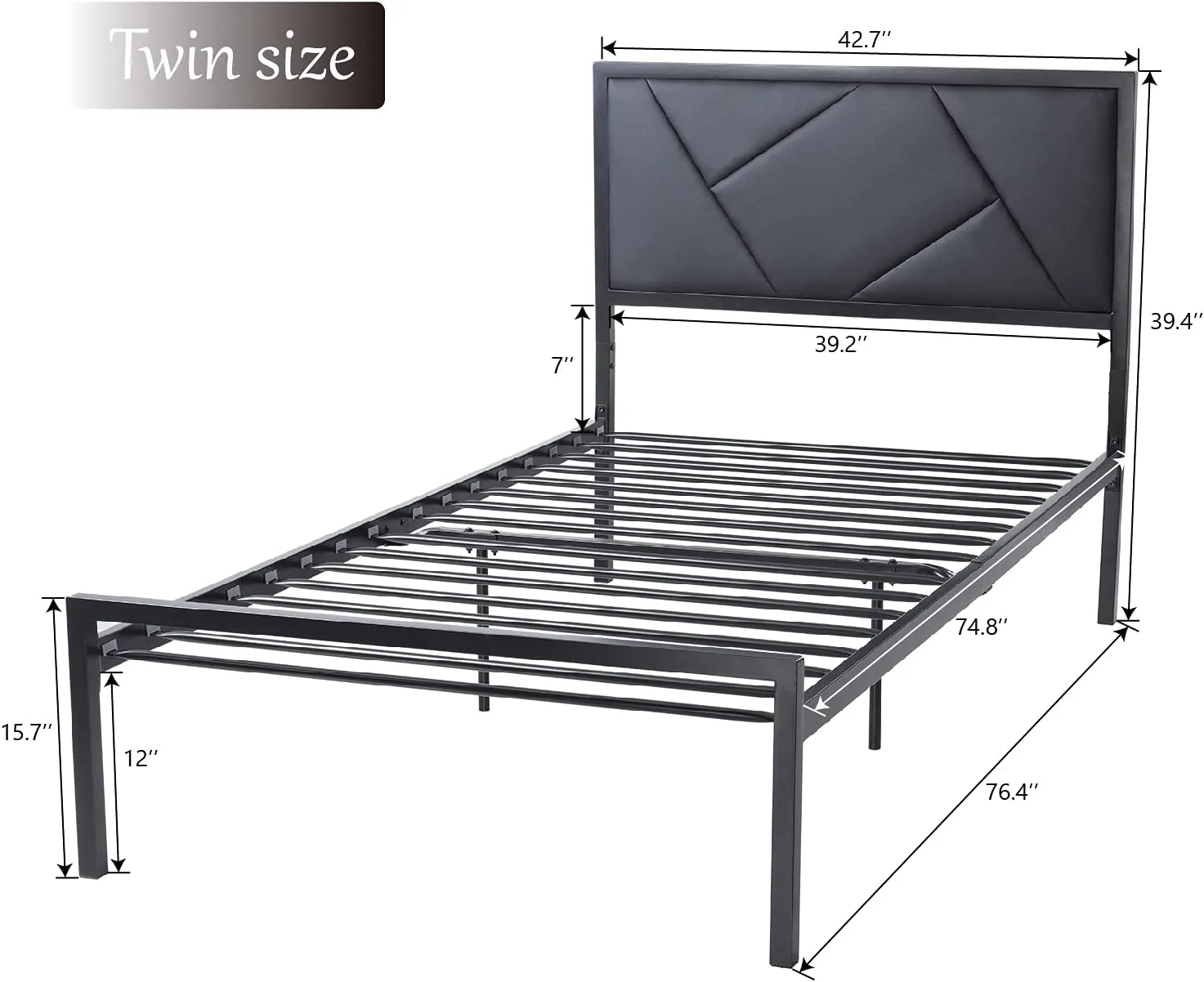 Metal Bed Frame with Geometric Litchi Grain Leather Headboard