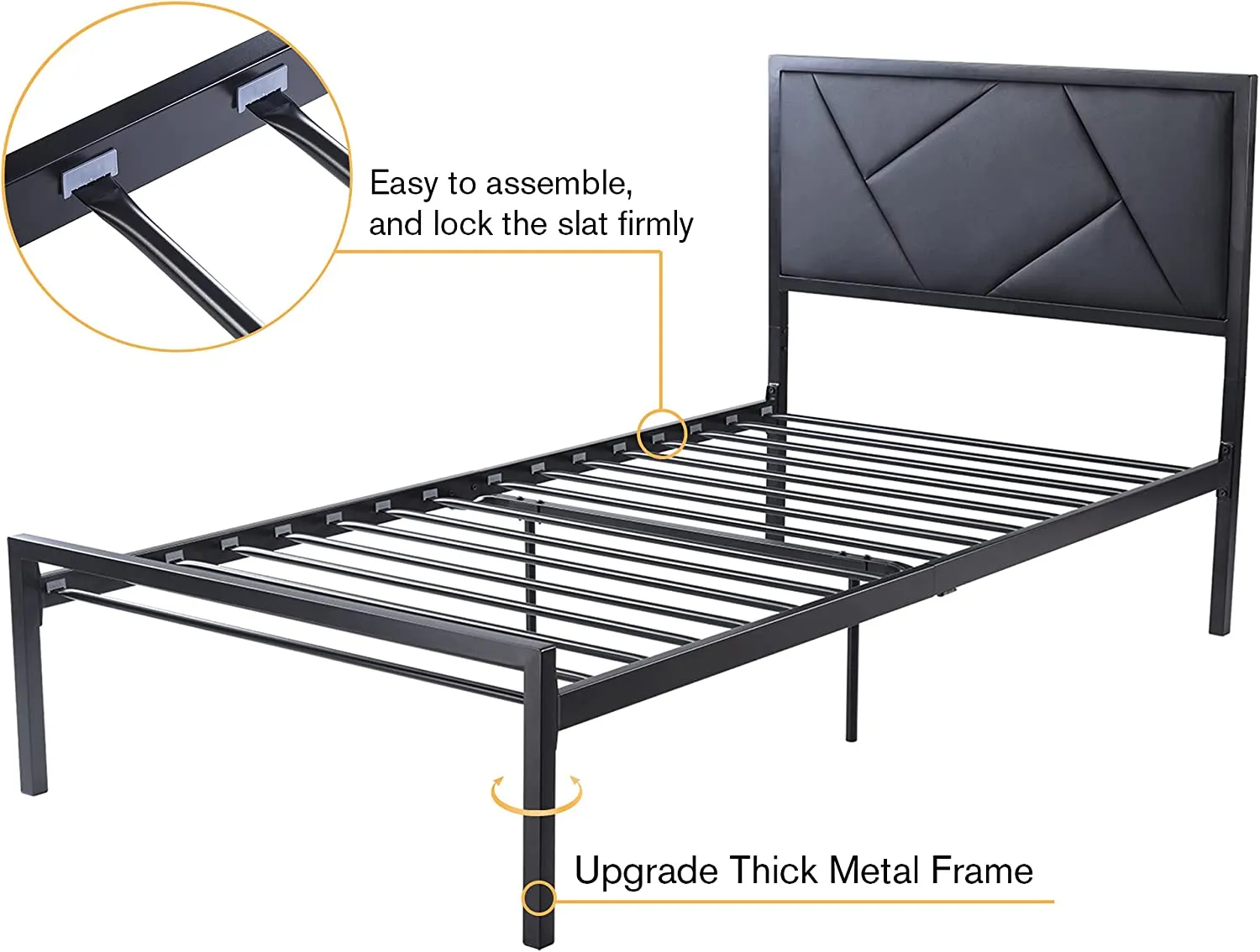 Metal Bed Frame with Geometric Litchi Grain Leather Headboard