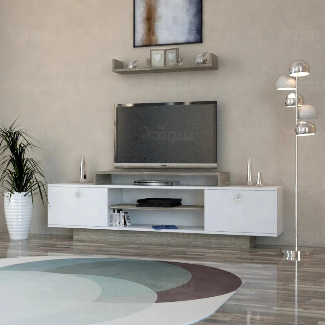 Modern White TV Table with Wall Shelf – Sleek and Durable Design