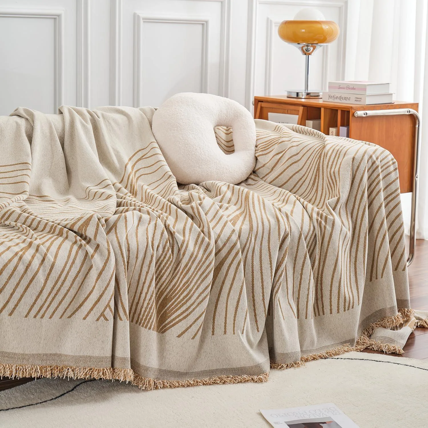 Sand Brown Wavy Lines Printed Chenille Sofa Throw | Stylish & Durable