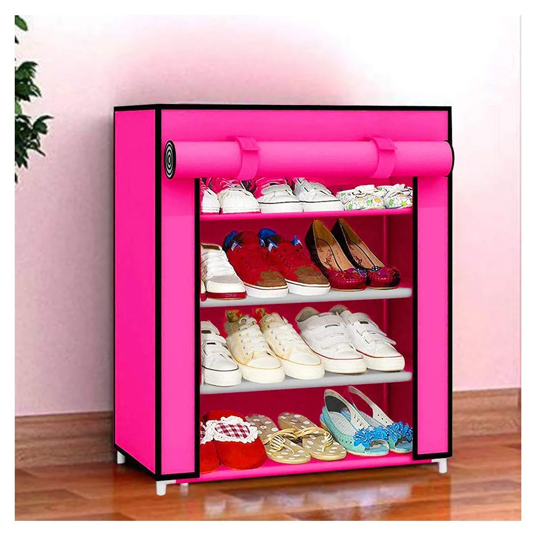 SIMSAN Store Organisers Plastic 4 Shelves Premium Multipurpose Storage Shoe Rack with Dustproof Cover (Pink, 4 shelf)