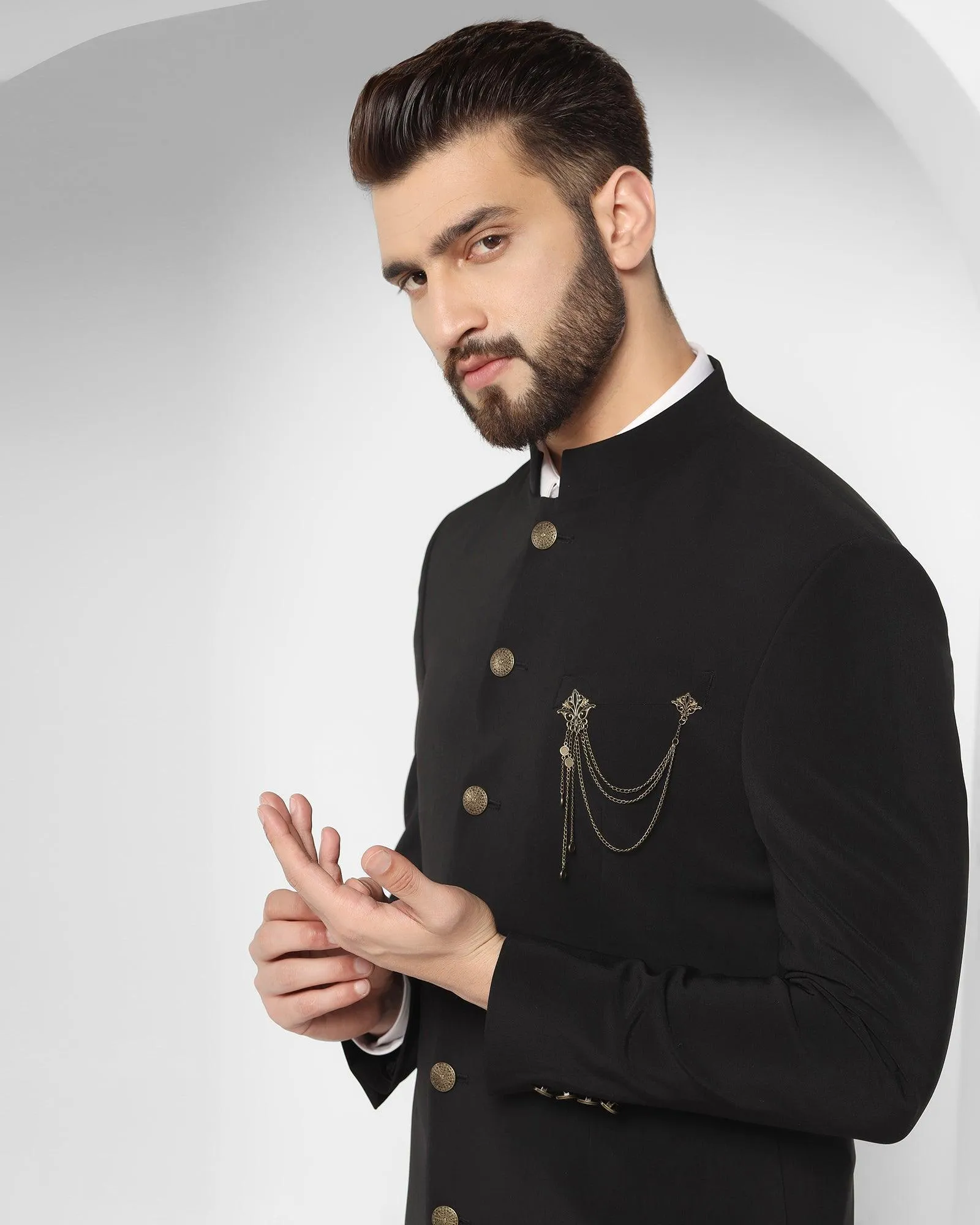 Swarn Two Piece Black Solid Achkan Set - Richard