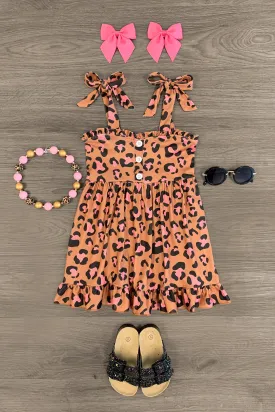 Tan & Pink Cheetah Tie Shoulder Dress