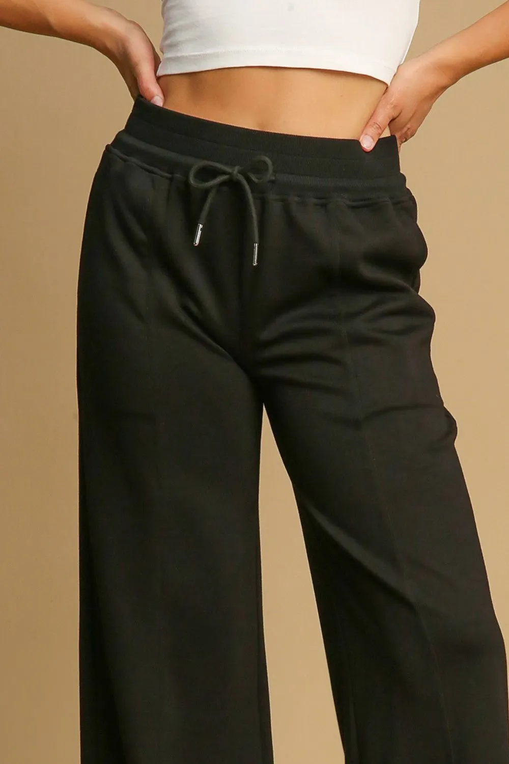 Umgee Black Women Wide Leg Women Pants Drawstring Waist with Pockets