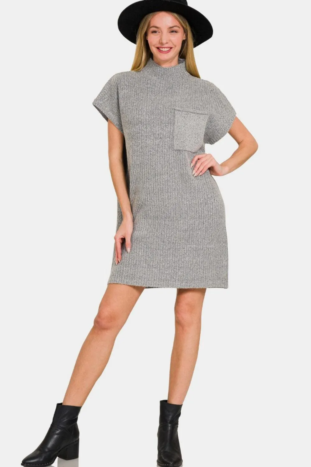 Zenana Sweater Mini Dress Short Sleeve Patch Pocket